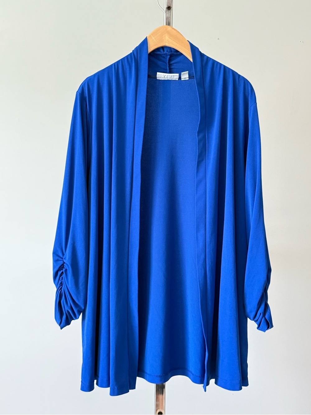 Susan Graver Liquid Knit Blue Ruched Sleeve Cardigan L
